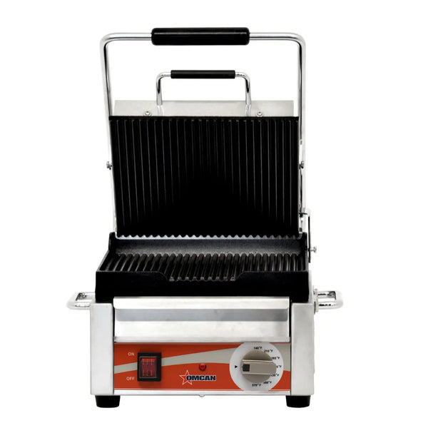 Omcan  PG-CN-0515 Single Panini Grill with Grooved Plates – 10″ x 11″ Cooking Surface – 120V, 1500W - Continental Restaurant Equipment