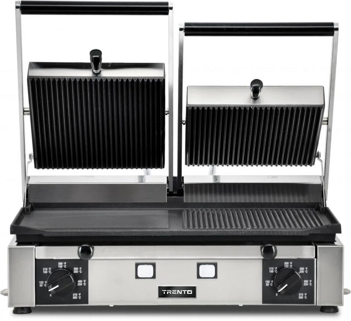Omcan  PG-IT-0737 Elite Series 10″ x 19″ Double Panini Grill with Ribbed Top and 1/2 Grooved and Smooth Bottom Grill Surface - Continental Restaurant Equipment