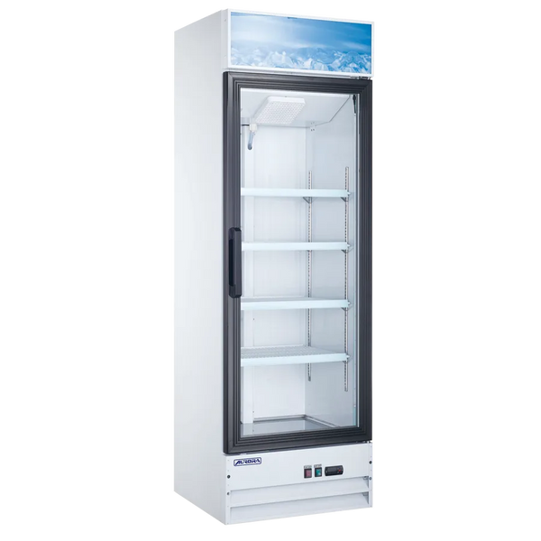 Omcan  RE-CN-0014E-H Aurora 26″ White Display Refrigerator with Lightbox, 1 Glass Door, 13 cu.ft. (382 Liter) Capacity  – 120V, 288W - Continental Restaurant Equipment