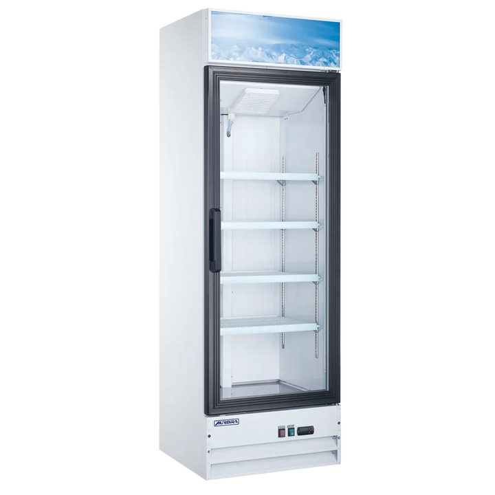 Omcan  RE-CN-0014E-H Aurora 26″ White Display Refrigerator with Lightbox, 1 Glass Door, 13 cu.ft. (382 Liter) Capacity  – 120V, 288W - Continental Restaurant Equipment