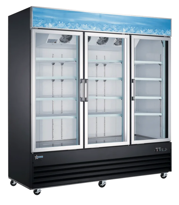 Omcan  RE-CN-0052-HC-BK 78" 3 Door Swing Glass Door Refrigerator with 53 cu.ft. Capacity – Black - Continental Restaurant Equipment