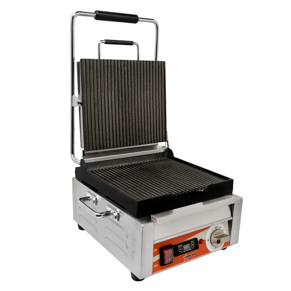 Omcan  PG-CN-0515-RT Single Panini Grill with Grooved Plates and Timer – 10″ x 11″ Cooking Surface – 120V, 1800W - Continental Restaurant Equipment