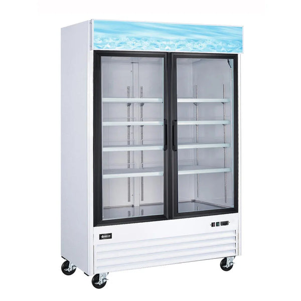 Omcan  RE-CN-0045-HC-SW 53” White Display Refrigerator, 2 Swings Glass Doors,  45 cu.ft. (1270 L) Capacity – 120V, 1/4 HP - Continental Restaurant Equipment