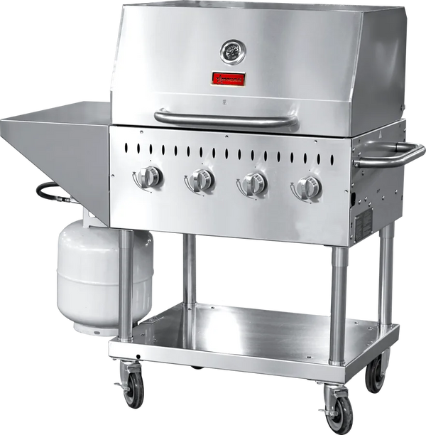 Omcan  CE-CN-0030-S LP Stainless Steel Propane Outdoor BBQ Grill, 4 Burners, 64000BTU, Top And Side Shelf, 1 Roll Dome