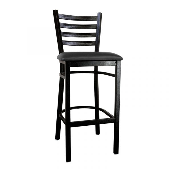 Metal ladder back bar height chair with black finish and black vinyl seat item: 44397 - Continental Restaurant Equipment
