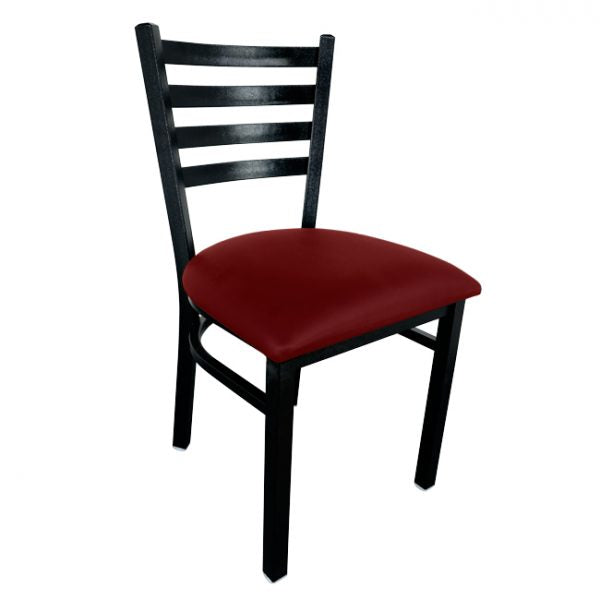 Metal ladder back chair with black finish and burgundy vinyl seat item: 44514 - Continental Restaurant Equipment