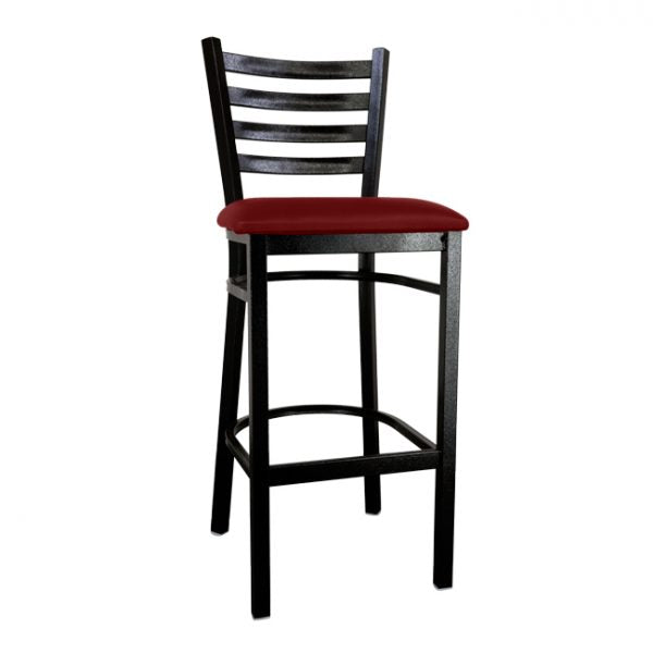 Metal ladder back bar height chair with black finish and burgundy vinyl seat item: 44515 - Continental Restaurant Equipment