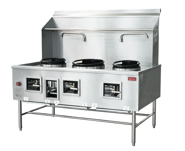 Omcan  CE-CN-W3L1-NG Three Chamber Wok Range with 2 x13″ & 16″ Rings, Backsplash, Faucet, 315,000 BTU – Natural Gas - Continental Restaurant Equipment