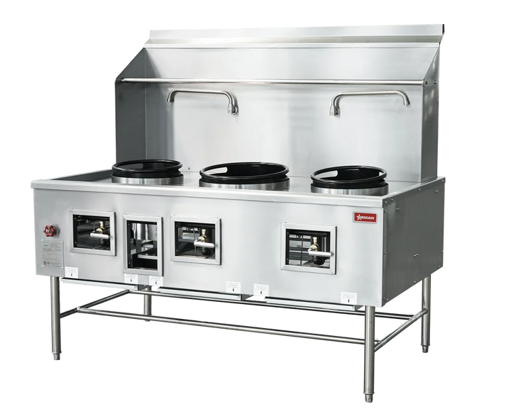 Omcan  CE-CN-W3L1-NG Three Chamber Wok Range with 2 x13″ & 16″ Rings, Backsplash, Faucet, 315,000 BTU – Natural Gas - Continental Restaurant Equipment