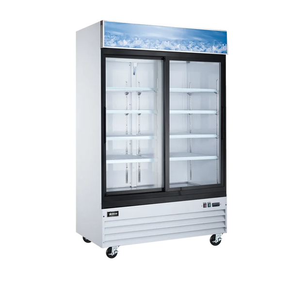 Omcan  RE-CN-0045-HC 54″ White Display Refrigerator, 2 Sliding Glass Doors, 45 cu.ft (1274 L) Capacity – 110V, 1/4 HP - Continental Restaurant Equipment