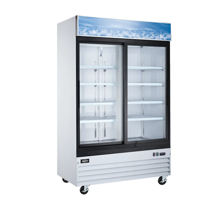 Omcan  RE-CN-0045-HC 54″ White Display Refrigerator, 2 Sliding Glass Doors, 45 cu.ft (1274 L) Capacity – 110V, 1/4 HP - Continental Restaurant Equipment