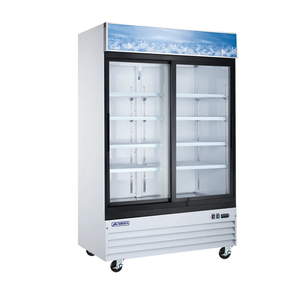 Omcan  RE-CN-0045E-HC Aurora 54″ Display Refrigerator, 2 Sliding Glass Doors, 45 cu.ft. (1274 L) Capacity with Lightbox, White – 120V, 249W - Continental Restaurant Equipment