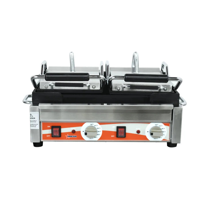 Omcan  PG-CN-0711-F Double Panini Grill with Smooth Plates – 10″ x 18″ Cooking Surface – 220V, 3200W - Continental Restaurant Equipment