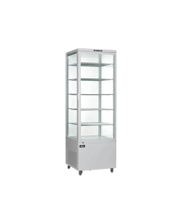 Omcan  RS-CN-0500 26″ Refrigerated Floor Display Showcase with 4-Sided Glass and White Exterior, 17.65cu.ft. / 500L Capacity – 110V, 3600W