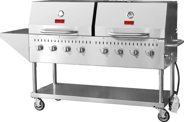 Omcan  CE-CN-0060-S LP Stainless Steel Propane Outdoor BBQ Grill, 8 Burners, 128000BTU, Top And Side Shelf, 2 Roll Domes