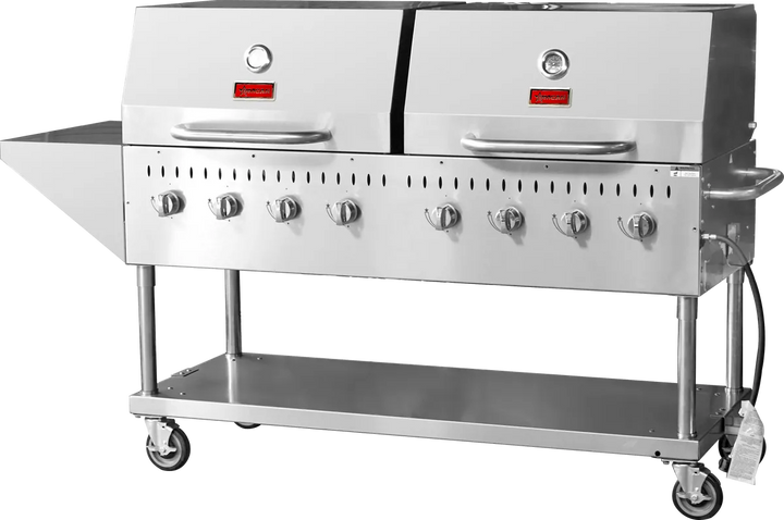 Omcan  CE-CN-0060-S LP Stainless Steel Propane Outdoor BBQ Grill, 8 Burners, 128000BTU, Top And Side Shelf, 2 Roll Domes - Continental Restaurant Equipment
