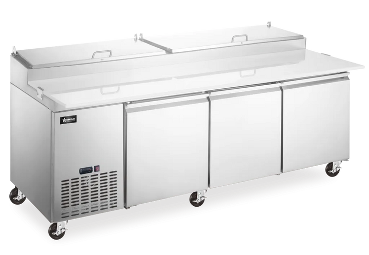 Omcan  PT-CN-2337-HC 92″ Refrigerated Pizza Prep Table, 3 Doors, 24 cu.ft Capacity - Continental Restaurant Equipment