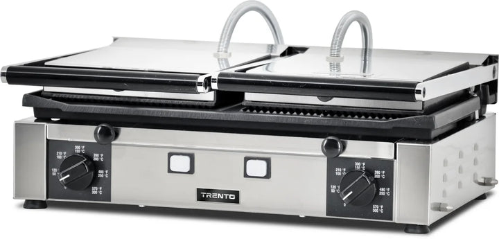 Omcan  PG-IT-0737 Elite Series 10″ x 19″ Double Panini Grill with Ribbed Top and 1/2 Grooved and Smooth Bottom Grill Surface - Continental Restaurant Equipment