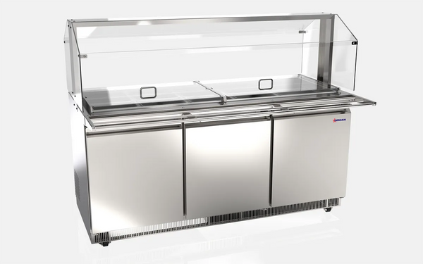 Omcan  PT-CN-1778-S-HC 72″ Stainless Steel Refrigerated Salad Bar / Cold Food Table with Sneeze Guard, Tray Slide and Pan Covers