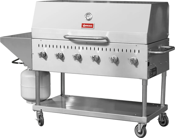 Omcan  CE-CN-0048-S LP Stainless Steel Propane Outdoor BBQ Grill, 6 Burners, 96000BTU, Top And Side Shelf, 1 Roll Dome