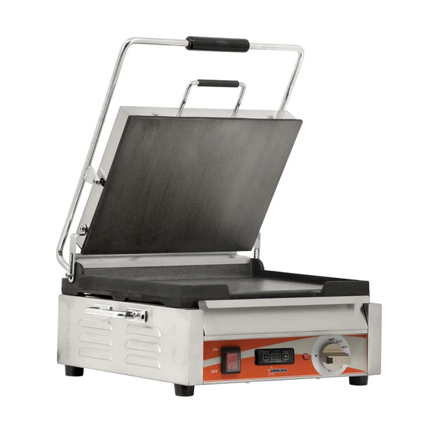 Omcan  PG-CN-0679-FT Single Panini Grill with Smooth Plates and Timer – 12″ x 15″ Cooking Surface – 120V, 1800W - Continental Restaurant Equipment