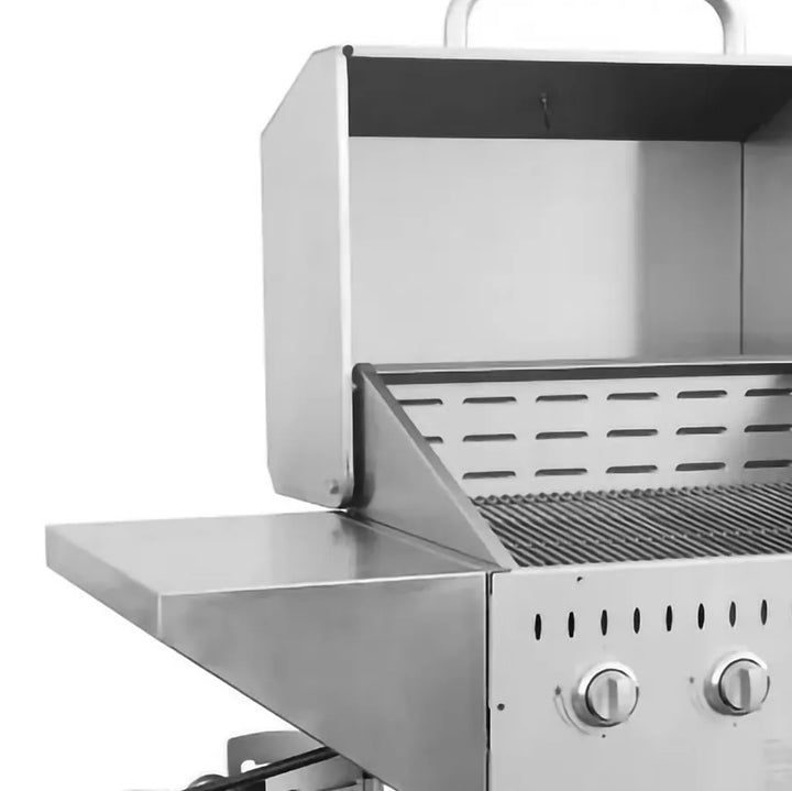 Omcan  CE-CN-0030-S LP Stainless Steel Propane Outdoor BBQ Grill, 4 Burners, 64000BTU, Top And Side Shelf, 1 Roll Dome - Continental Restaurant Equipment