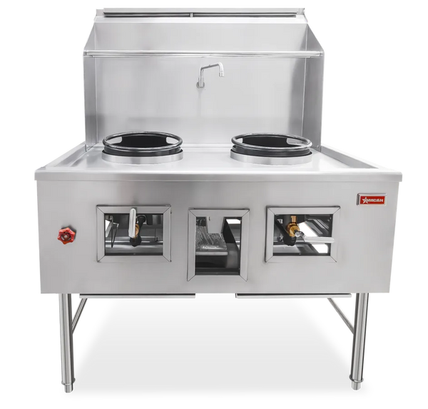 Omcan  CE-CN-W2L0-NG Two Chamber Wok Range with 2 x 13″ Rings, Backsplash, Faucet, 190,000 BTU – Natural Gas - Continental Restaurant Equipment