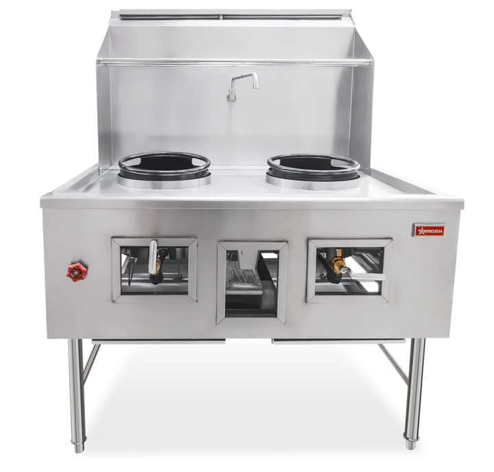 Omcan  CE-CN-W2L0-NG Two Chamber Wok Range with 2 x 13″ Rings, Backsplash, Faucet, 190,000 BTU – Natural Gas - Continental Restaurant Equipment