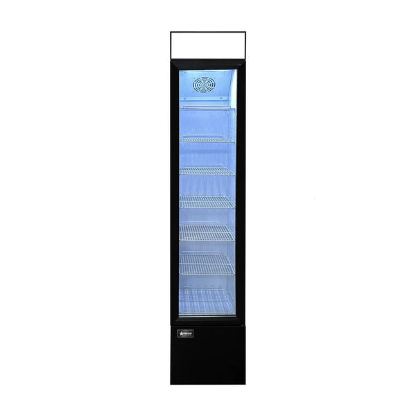 Omcan  RS-CN-0105-B 14″ Slim Glass Door Black Display Refrigerator with Lightbox and 3.7 cu.ft. (105 L) Capacity – 110V, 140W - Continental Restaurant Equipment