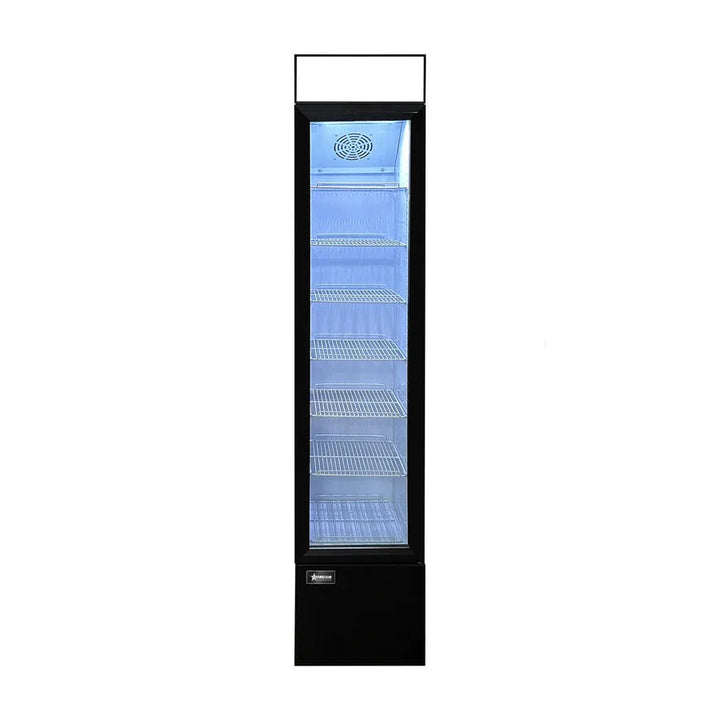 Omcan  RS-CN-0105-B 14″ Slim Glass Door Black Display Refrigerator with Lightbox and 3.7 cu.ft. (105 L) Capacity – 110V, 140W - Continental Restaurant Equipment