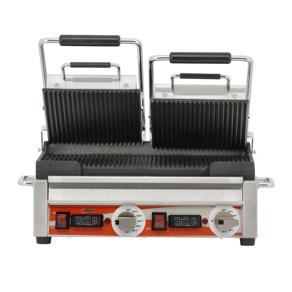 Omcan  PG-CN-0711-RT Double Panini Grill with Grooved Plates and Timer – 10″ x 18″ Cooking Surface – 220V, 3200W - Continental Restaurant Equipment