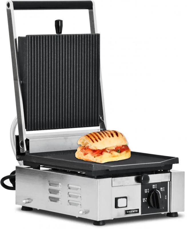Omcan  PG-IT-0483 Elite Series 10″ x 9″ Single Panini Grill with Grooved Top and Smooth Bottom Grill Surface - Continental Restaurant Equipment