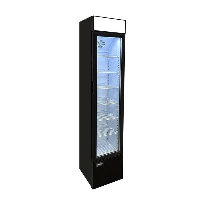 Omcan  RS-CN-0105-B 14″ Slim Glass Door Black Display Refrigerator with Lightbox and 3.7 cu.ft. (105 L) Capacity – 110V, 140W - Continental Restaurant Equipment