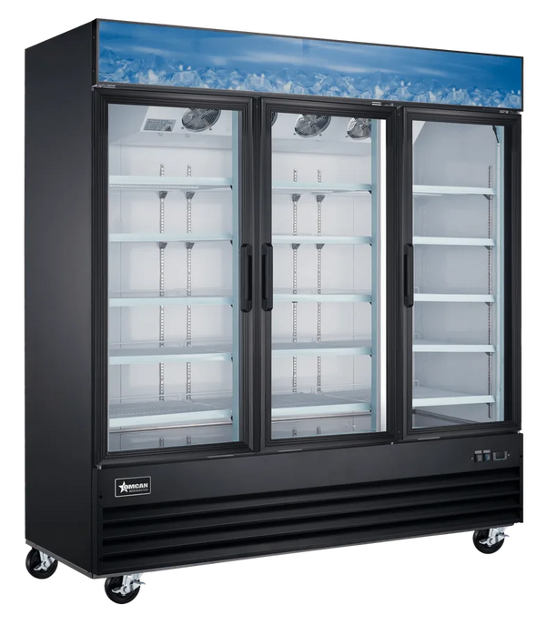 Omcan  FR-CN-0052-HC-BK 80” Black Display Freezer, 3-Glass Door,  52.3cu.ft. (1650L) Capacity – 110V, 1,600W