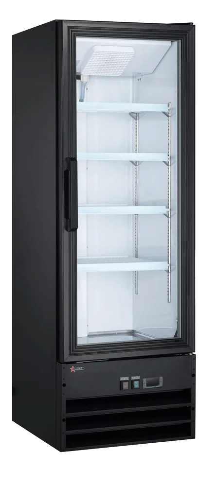 Omcan  RE-CN-0009-HC-BK 22" Single Door Swing Glass Door Refrigerator with 9.1 cu.ft. capacity – Black - Continental Restaurant Equipment
