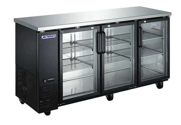 Omcan  BB-CN-0020E-GH Aurora 73″ Black Back Bar Cooler, 3 Glass Doors,18.5 cu.ft. (525L) Capacity with Stainless Steel Countertop – 110V, 396W