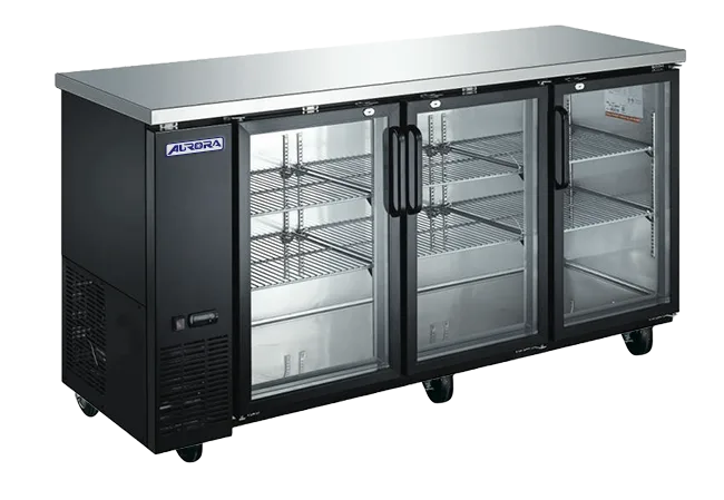Omcan  BB-CN-0020E-GH Aurora 73″ Black Back Bar Cooler, 3 Glass Doors,18.5 cu.ft. (525L) Capacity with Stainless Steel Countertop – 110V, 396W - Continental Restaurant Equipment