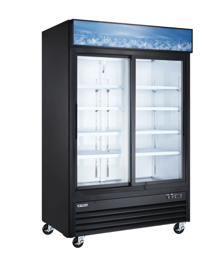 Omcan  RE-CN-0045EB-HC Aurora 54″ Display Refrigerator, 2 Sliding Glass Doors, 45 cu.ft. (1274 L) Capacity with Lightbox, Black – 120V, 249W - Continental Restaurant Equipment