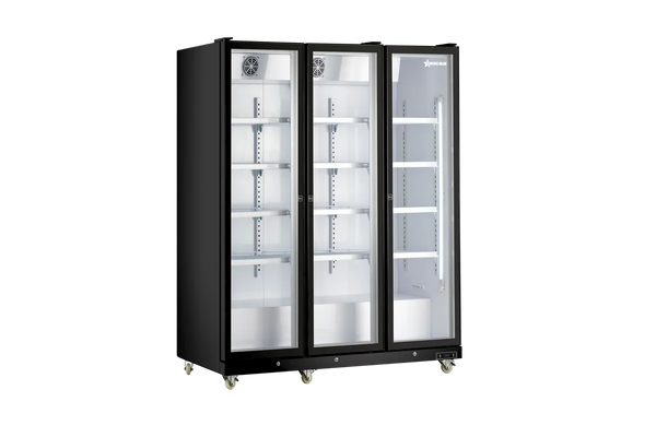 Omcan  RE-CN-1500B 72” Refrigerator Black Glass 3 Door Merchandiser with LED Light, 1500 L (53 cu.ft.), 115V/60Hz/1Ph - Continental Restaurant Equipment