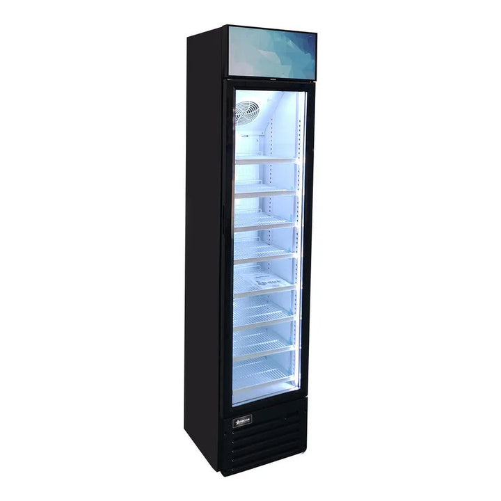 Omcan  RS-CN-0145 16.5″ Slim Glass Door Black Display Refrigerator with Lightbox and 145 L Capacity – 110V, 150W - Continental Restaurant Equipment