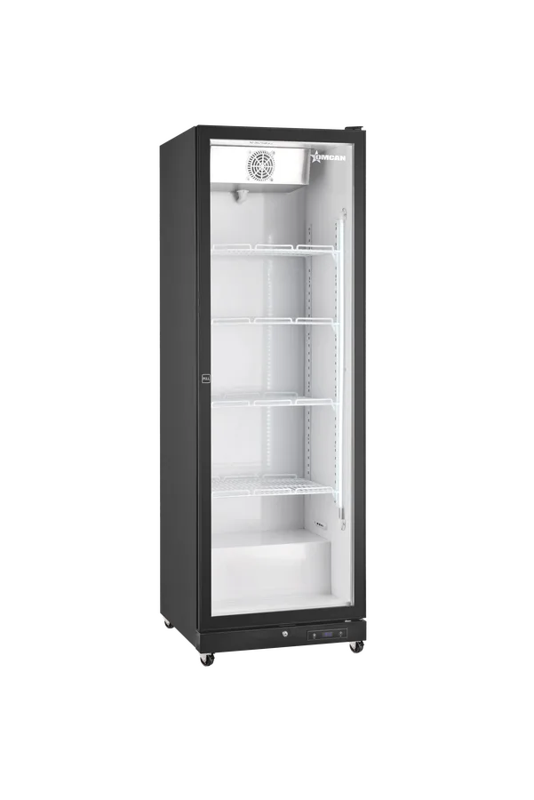 Omcan  RE-CN-0450B 26” Refrigerator Black Glass 1 Door Merchandiser with LED Light, 450 L (16 cu.ft.), 115V/60Hz/1Ph - Continental Restaurant Equipment