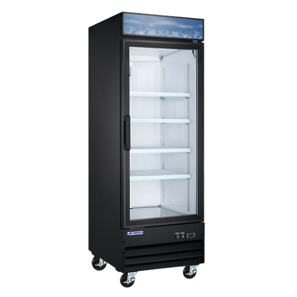 Omcan  RE-CN-0023E-HC Aurora 29″ Black Display Refrigerator with Lightbox, 1 Glass Door, 22.6 cu.ft. (640 Liter) Capacity  – 120V, 384W - Continental Restaurant Equipment