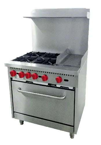 Omcan  CE-CN-0004-GN 36″ Commercial Gas Range with 4 Burners, 12″ Griddle and Standard Oven – Natural Gas