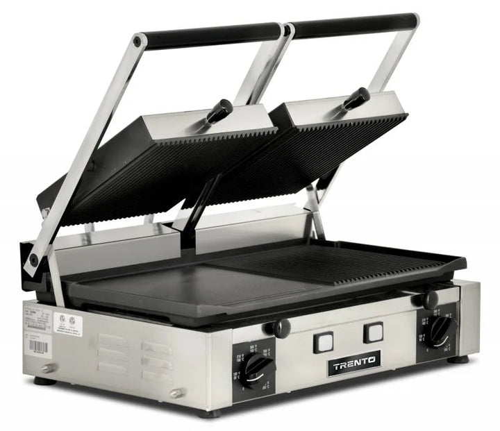 Omcan  PG-IT-0737 Elite Series 10″ x 19″ Double Panini Grill with Ribbed Top and 1/2 Grooved and Smooth Bottom Grill Surface - Continental Restaurant Equipment
