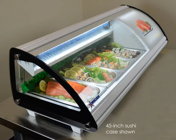 Omcan  RS-CN-0103-SC 69″ Sushi Showcase with Curved Glass and 2.75cu.ft. / 78L Capacity – 110V, 180W - Continental Restaurant Equipment