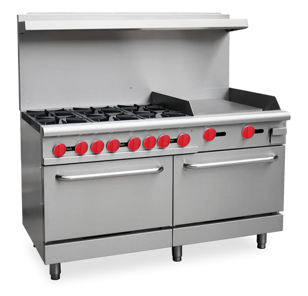 Omcan  CE-CN-0006-GN 60″ Commercial Gas Range with 6 Burners, 24″ Griddle and 2 Standard Ovens 282,000 BTU – Natural Gas
