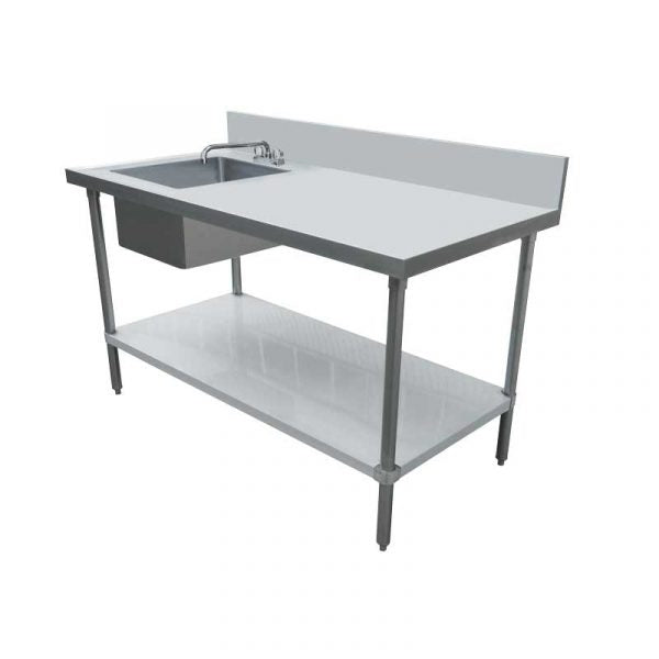 24″ x 60″ all stainless steel table with left sink and 6″ backsplash Item: 44259