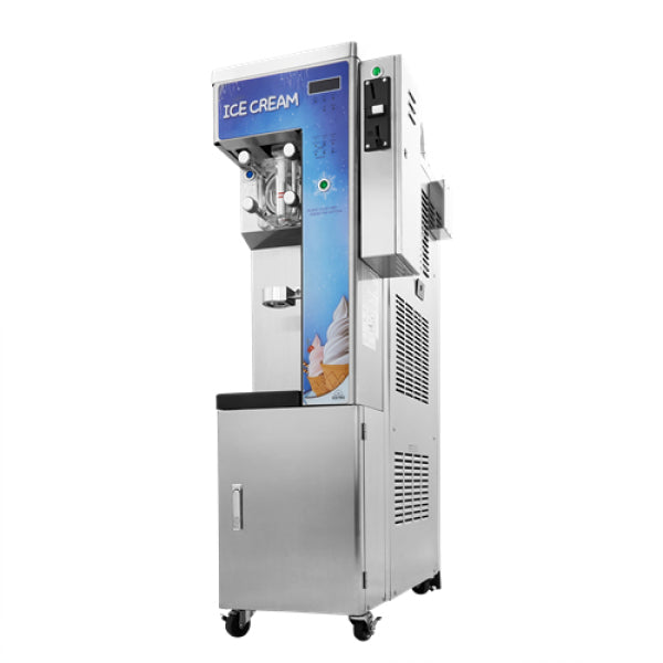 SINGLE FLAVOR, FREESTANDING, SELF-SERVE, AIR-COOLED, SOFT SERVE ICE CREAM MACHINE WITH HEAT TREATMENT