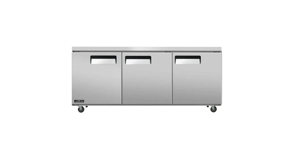 Omcan  RE-TH-0016-HC Juneau 72″ Undercounter Refrigerator Three Door Stainless Steel, 11 cu.ft. Capacity, 115 V, 510 W