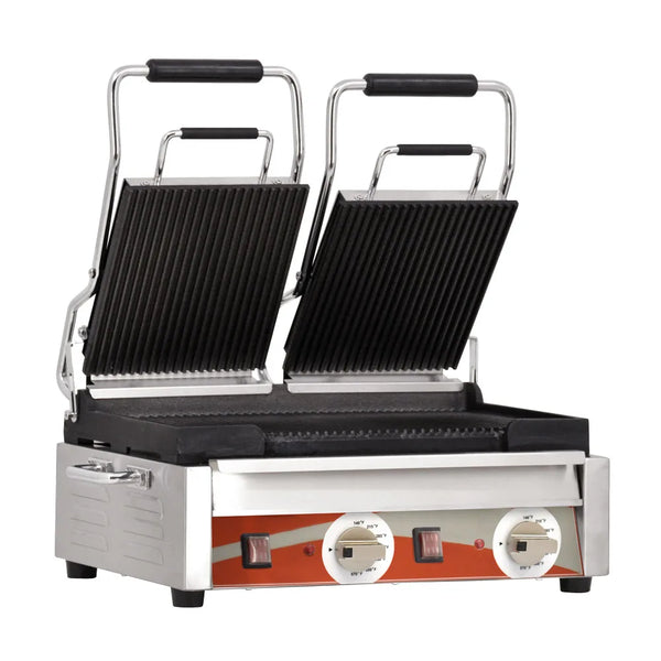Omcan  PG-CN-0711-R Double Panini Grill with Grooved Plates – 10″ x 18″ Cooking Surface – 220V, 3200W - Continental Restaurant Equipment
